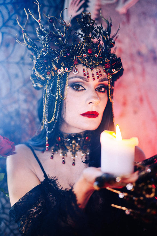 Gothic Morticia Addams Crown Black Red Gold Dark Queen Headpiece Halloween Costume Crown