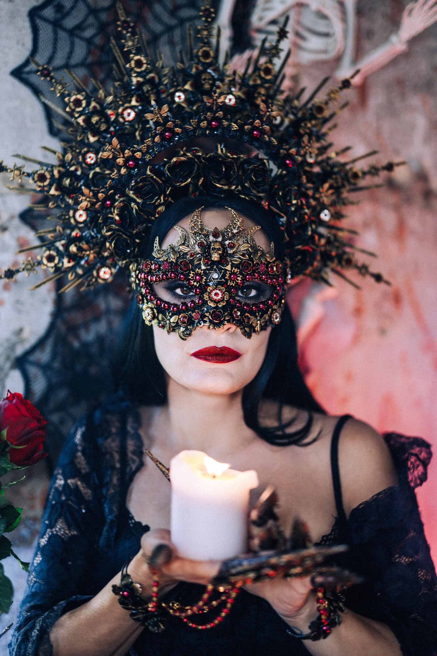 Gothic Morticia Addams Crown Black Red Gold Dark Queen Headpiece Halloween Costume