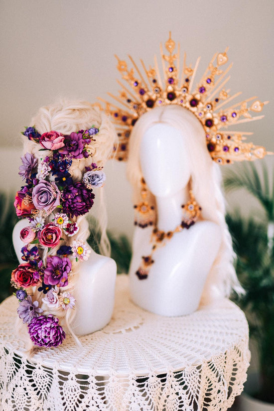 La Catrina Crown Gold Lavender Pink Flowers Halo Headpiece Floral Tiara Halloween Costume Dia De Los Muertos Accessory