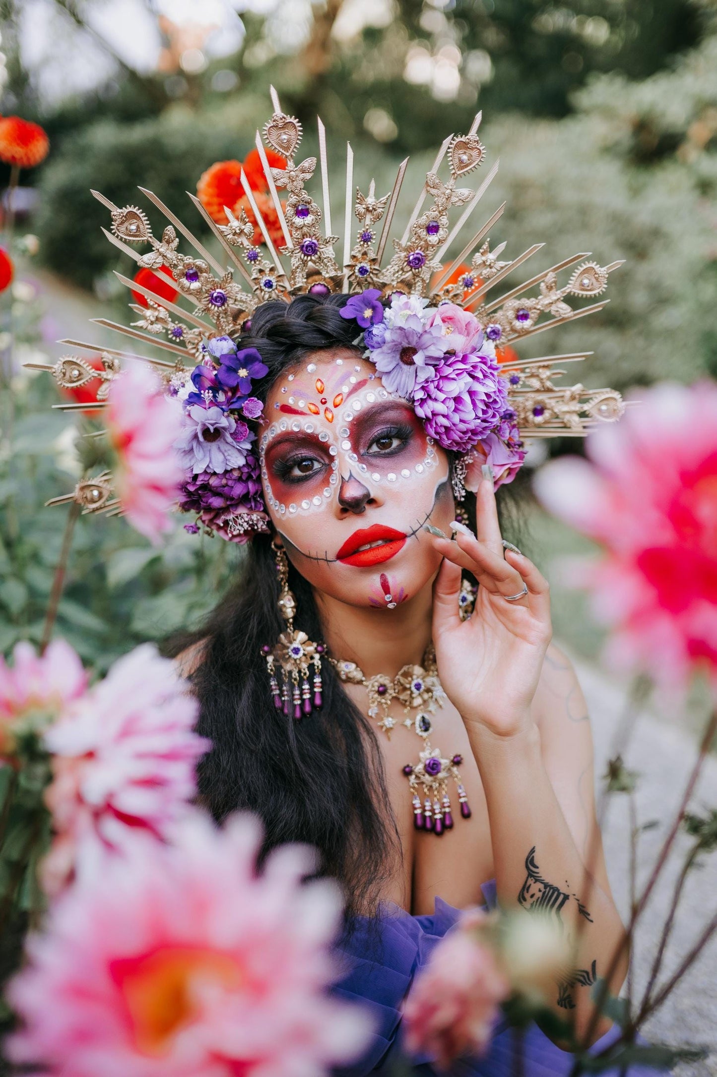 La Catrina Earrings Lavender Flowers Purple Roses Gold Statement Jewelry Halloween Accessories Dia De Los Muertos Mexican Style