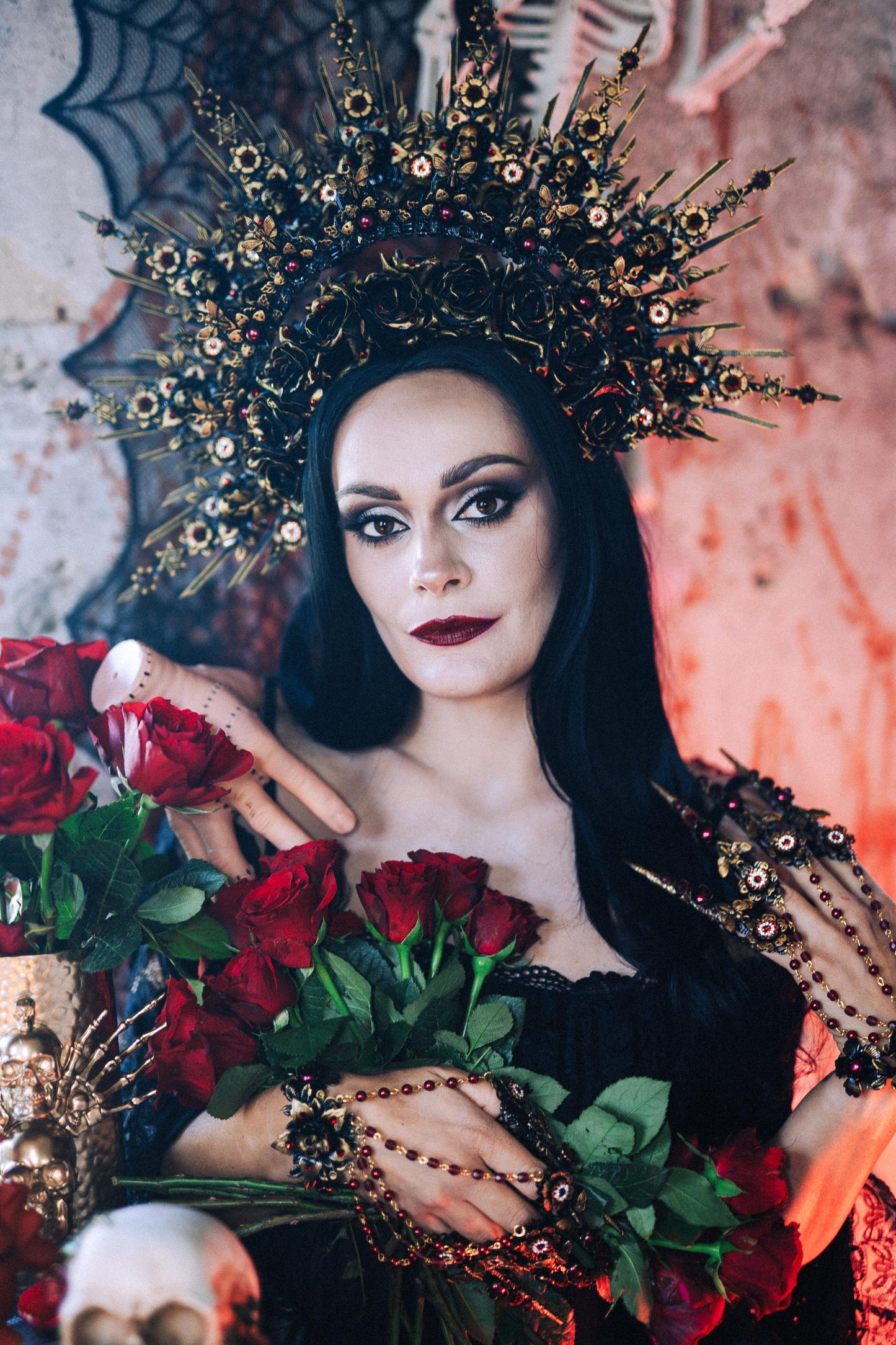 Gothic Morticia Addams Finger Claws Black Roses Red Crystals Skull Dark Queen Halloween Jewelry