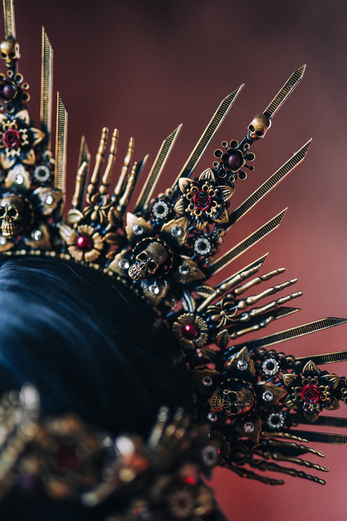 Gothic Morticia Addams Crown Black Red Gold Dark Queen Headpiece Halloween Costume Crown