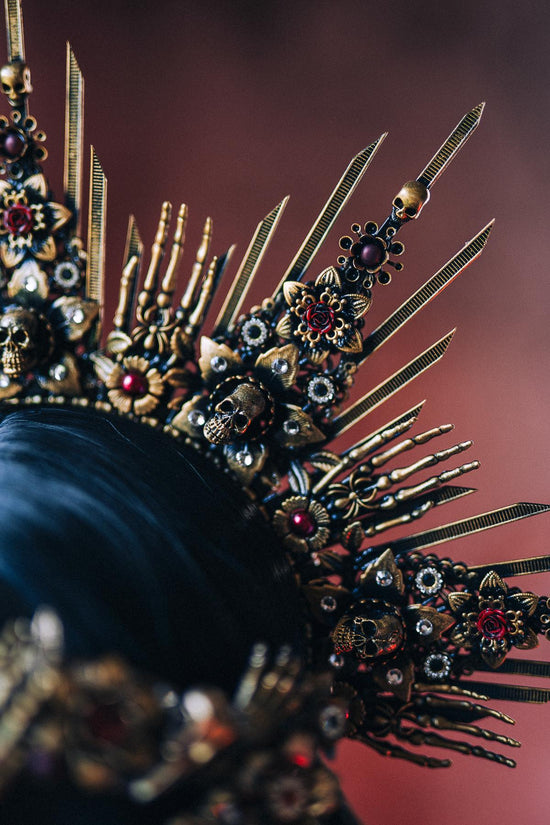 Gothic Morticia Addams Crown Black Red Gold Dark Queen Headpiece Halloween Costume Crown