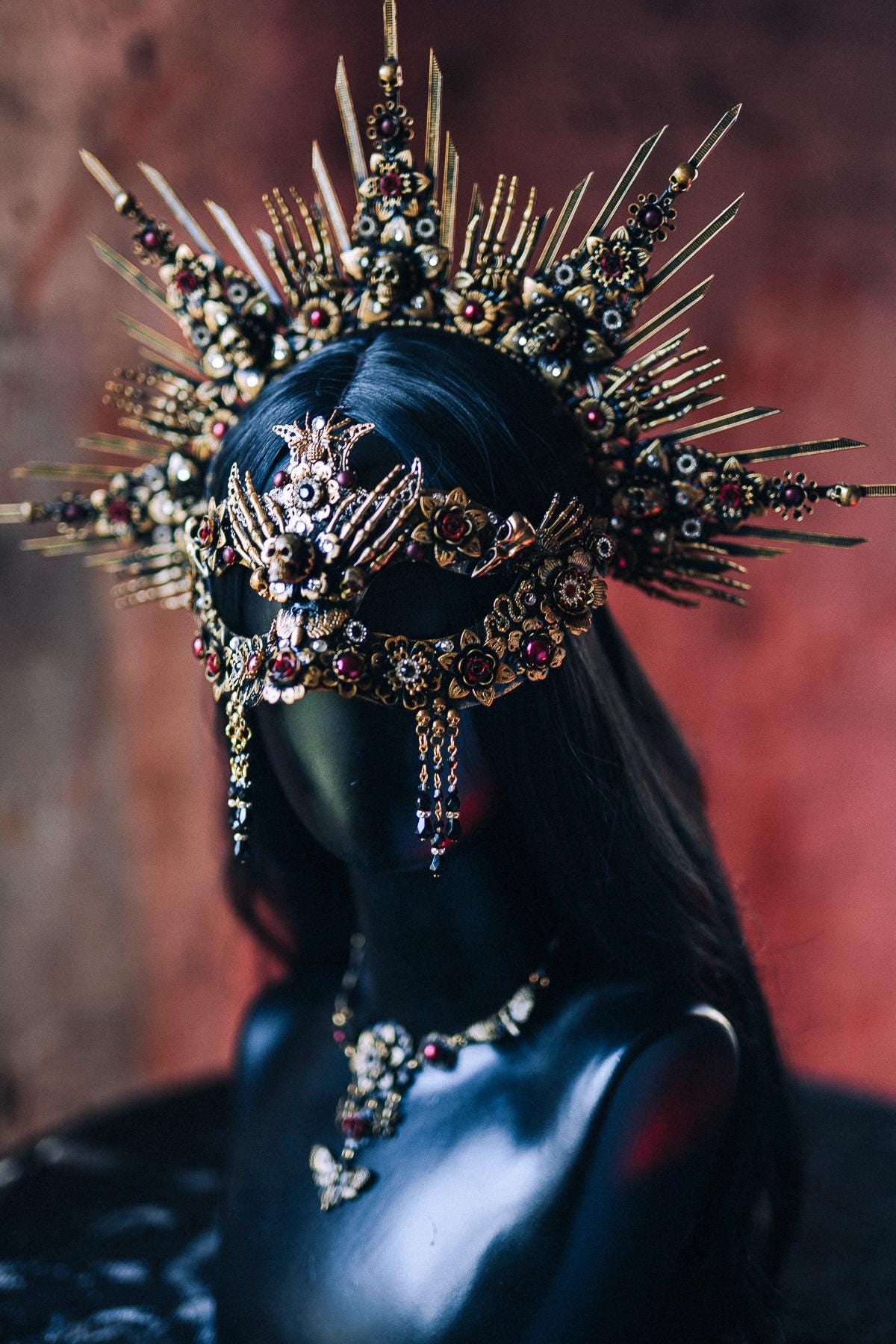 Gothic Morticia Addams Crown Black Red Gold Dark Queen Headpiece Halloween Costume Crown