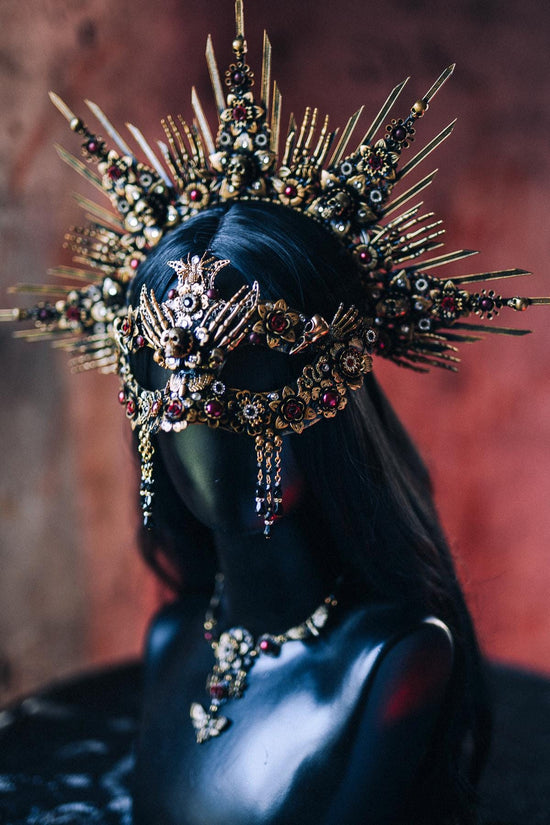 Gothic Morticia Addams Crown Black Red Gold Dark Queen Headpiece Halloween Costume Crown