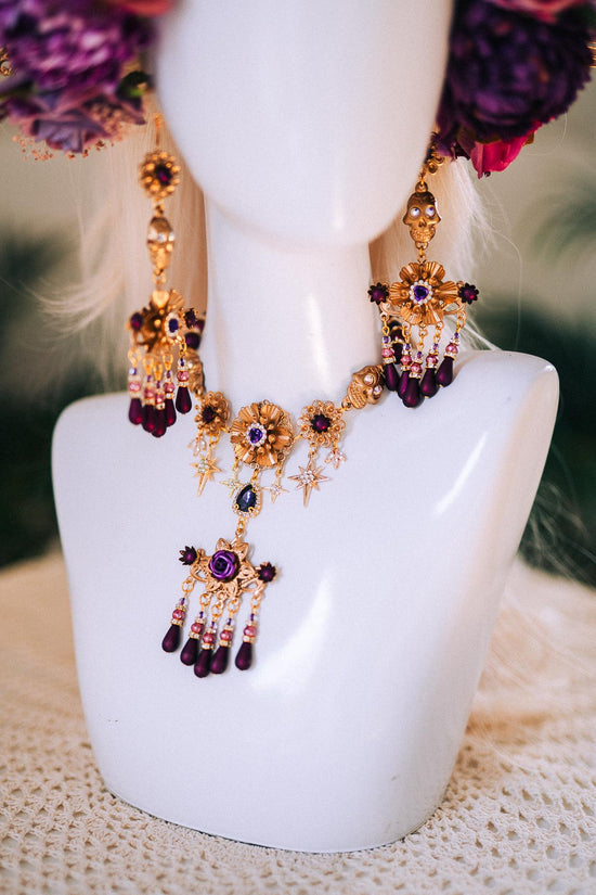 La Catrina Necklace, Gold Choker, Purple Pink Flowers, Festival Jewelry, Mexican Style, Statement Necklace, Gothic Floral Costume