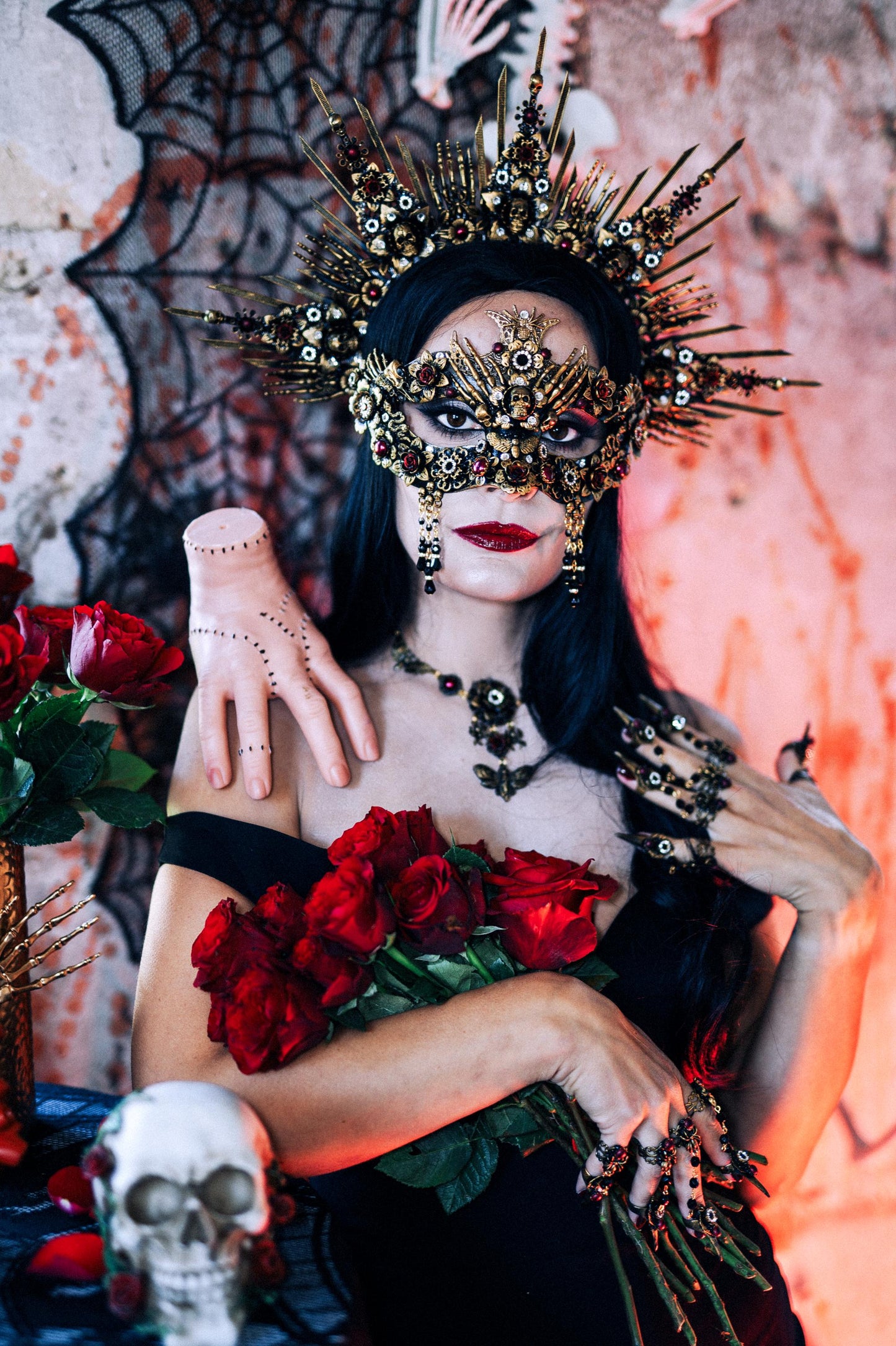 Gothic Morticia Addams Mask Red Crystal Skull Dark Queen Halloween Masquerade Mask