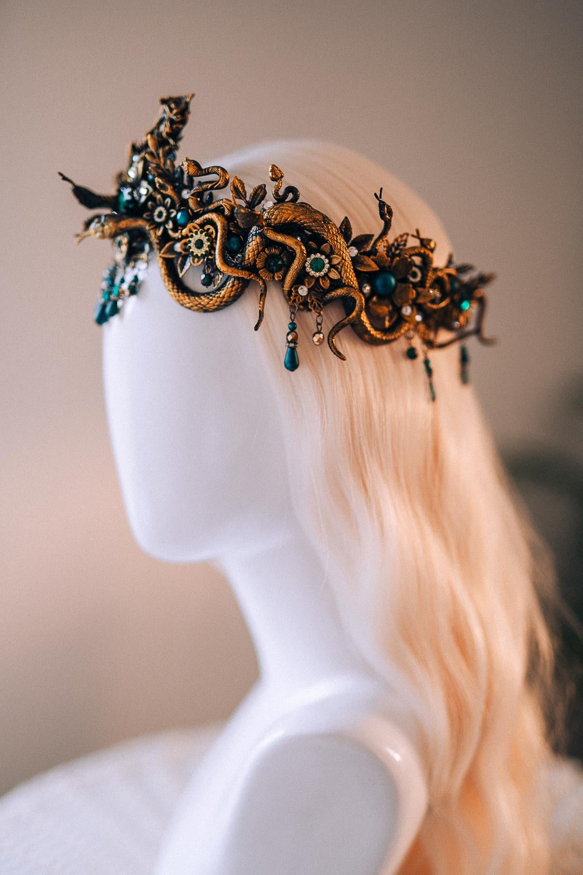 Medusa Gold Snake Crown Green Crystal Goddess Headpiece Mythical Costume Halo