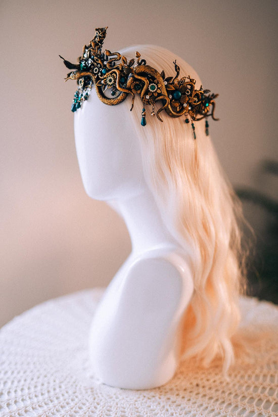Medusa Gold Snake Crown Green Crystal Goddess Headpiece Mythical Costume Halo