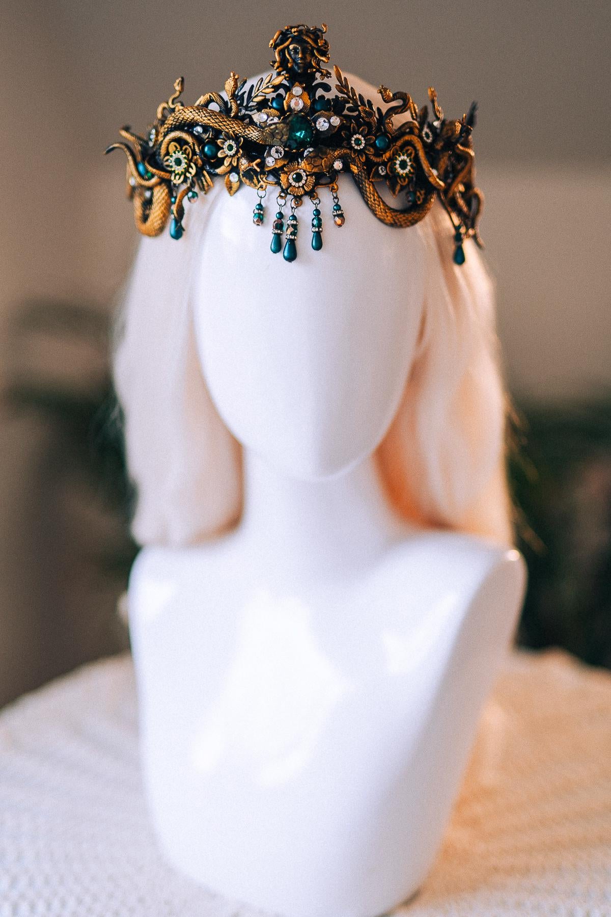 Medusa Gold Snake Crown Green Crystal Goddess Headpiece Mythical Costume Halo