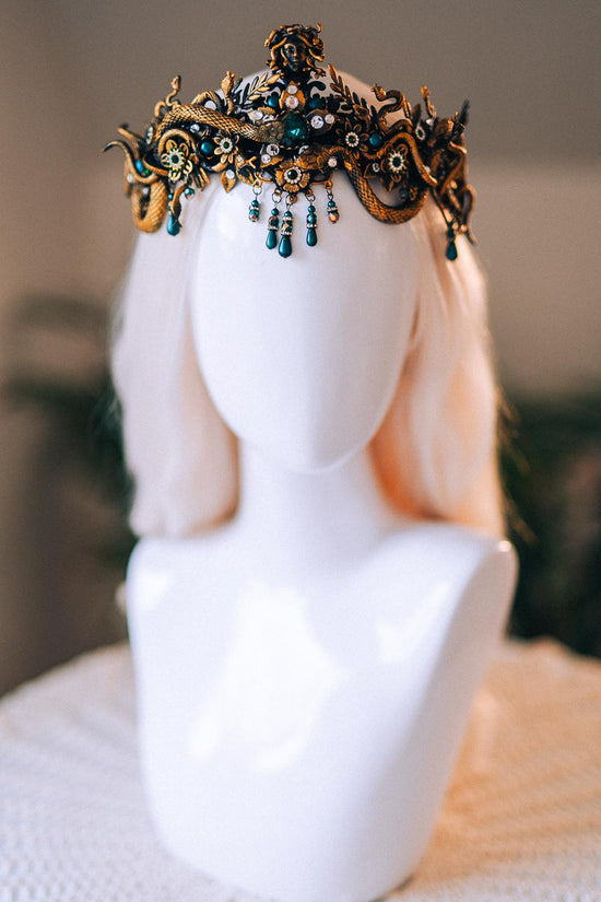 Medusa Gold Snake Crown Green Crystal Goddess Headpiece Mythical Costume Halo