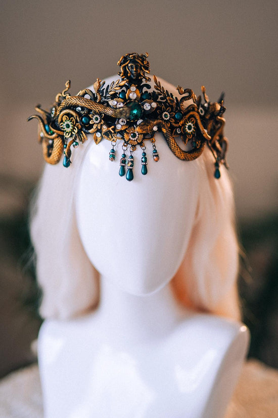 Medusa Gold Snake Crown Green Crystal Goddess Headpiece Mythical Costume Halo