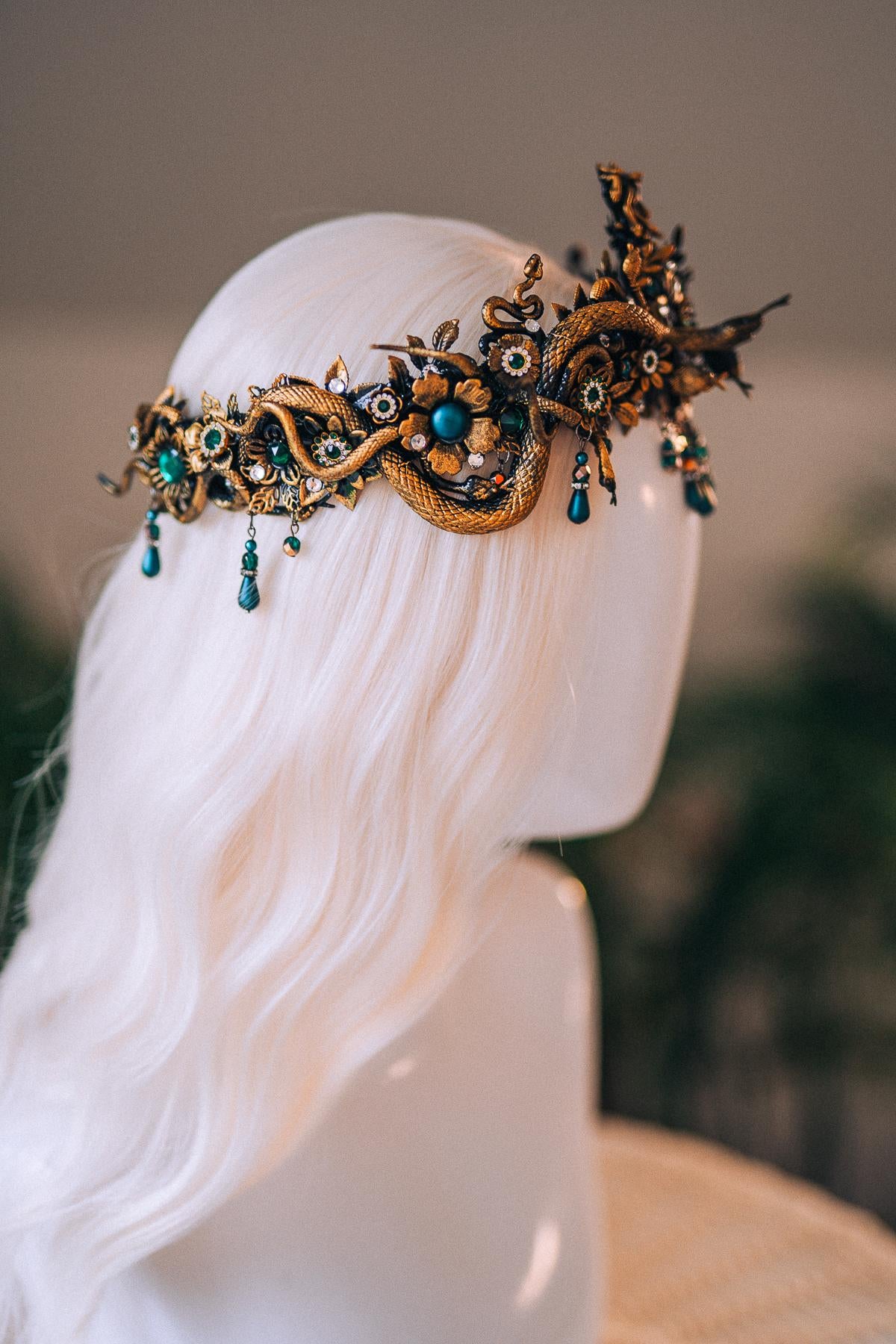 Medusa Gold Snake Crown Green Crystal Goddess Headpiece Mythical Costume Halo