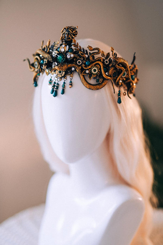Medusa Gold Snake Crown Green Crystal Goddess Headpiece Mythical Costume Halo