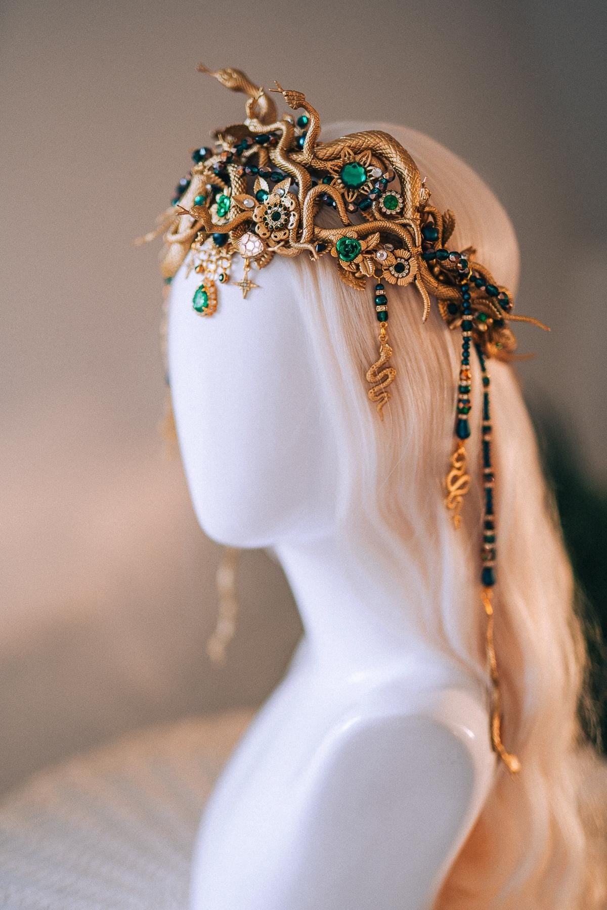 Medusa Snake Crown Gold Green Crystal Headpiece Halloween Goddess Halo Mythical Serpent Costume Tiara