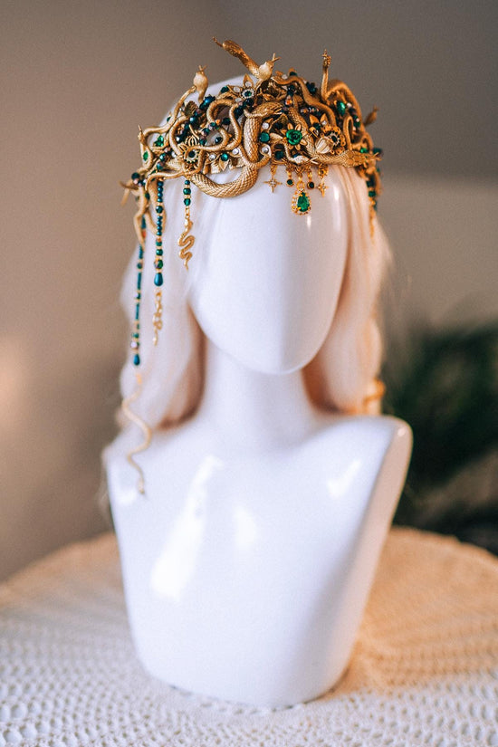 Medusa Snake Crown Gold Green Crystal Headpiece Halloween Goddess Halo Mythical Serpent Costume Tiara