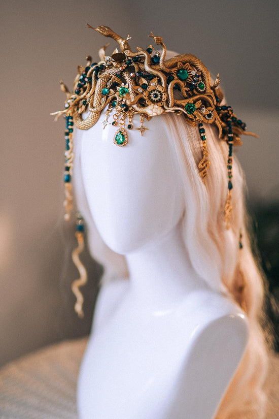 Medusa Snake Crown Gold Green Crystal Headpiece Halloween Goddess Halo Mythical Serpent Costume Tiara