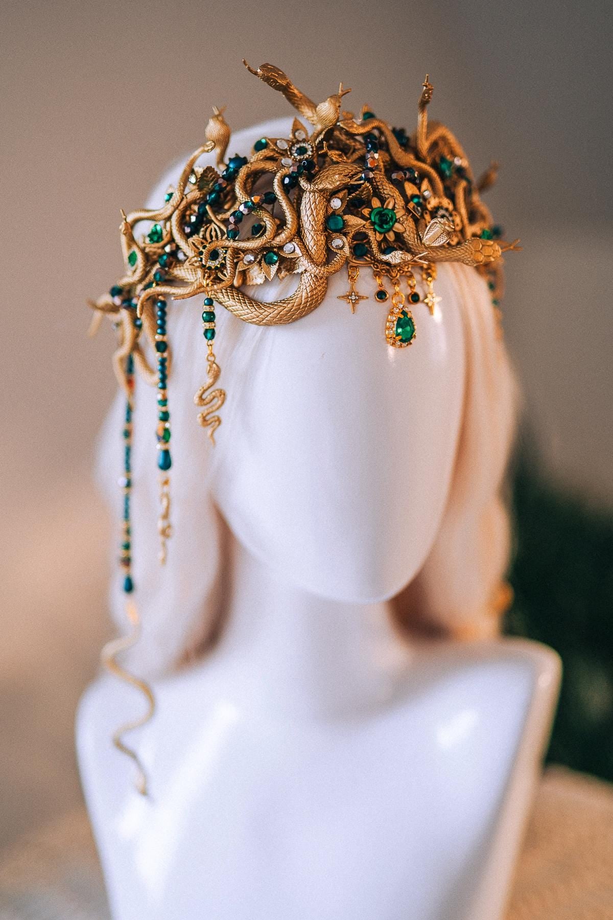 Medusa Snake Crown Gold Green Crystal Headpiece Halloween Goddess Halo Mythical Serpent Costume Tiara