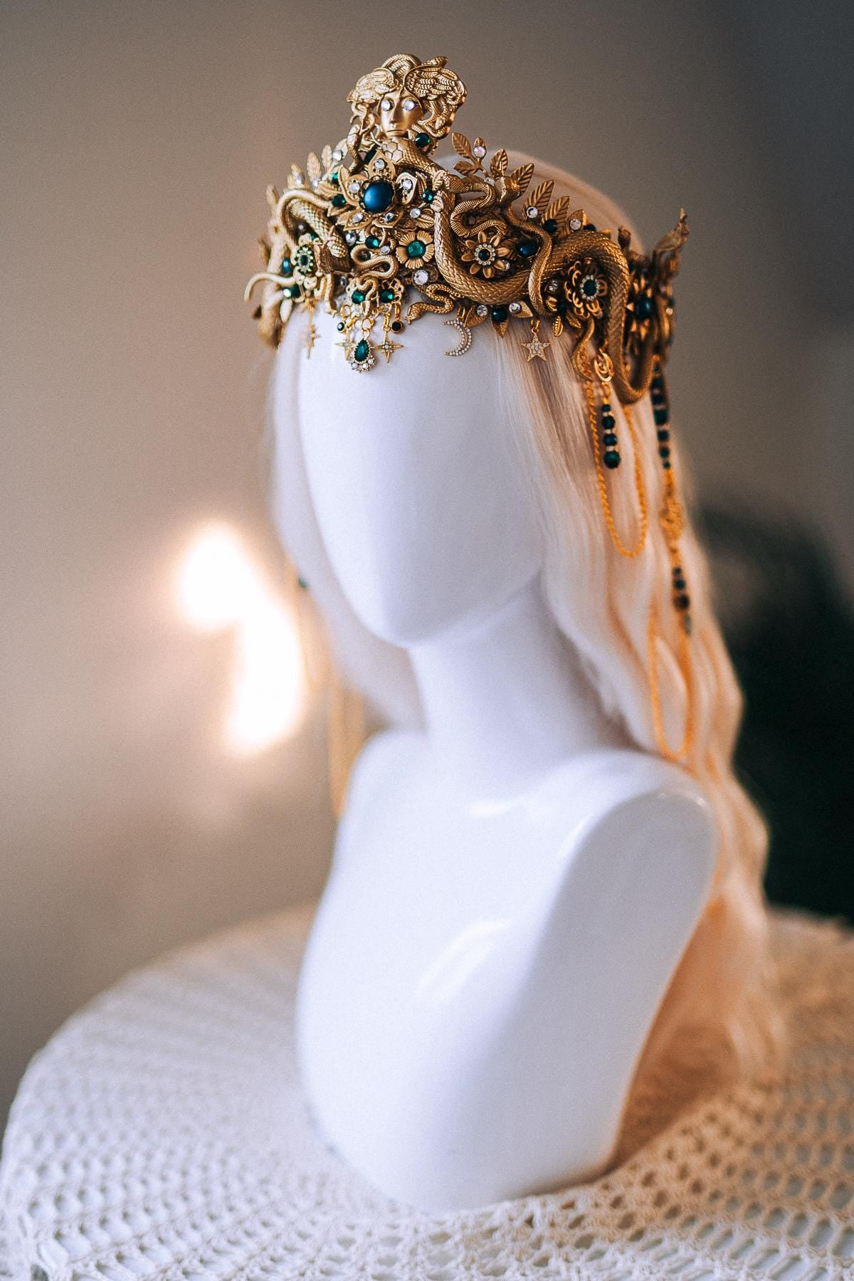 Medusa Serpent Goddess Crown Gold Emerald Snake Headdress Fantasy Mythology Headpiece