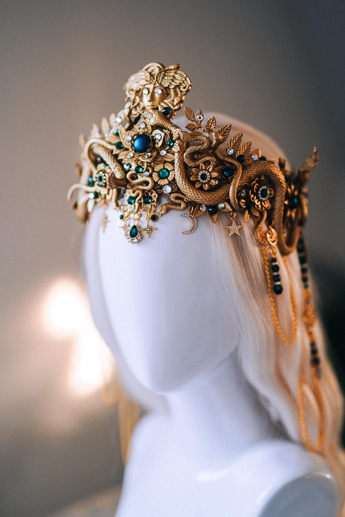 Medusa Serpent Goddess Crown Gold Emerald Snake Headdress Fantasy Mythology Headpiece