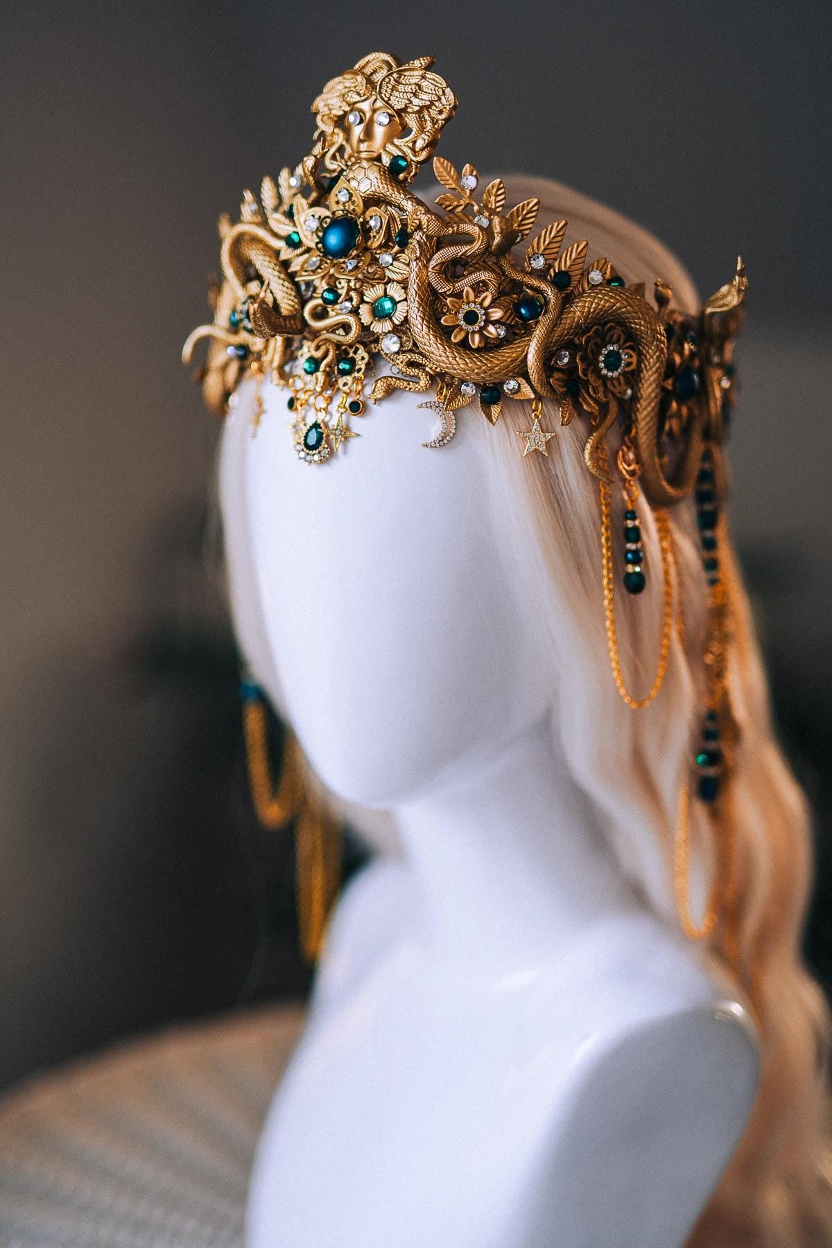 Medusa Serpent Goddess Crown Gold Emerald Snake Headdress Fantasy Mythology Headpiece