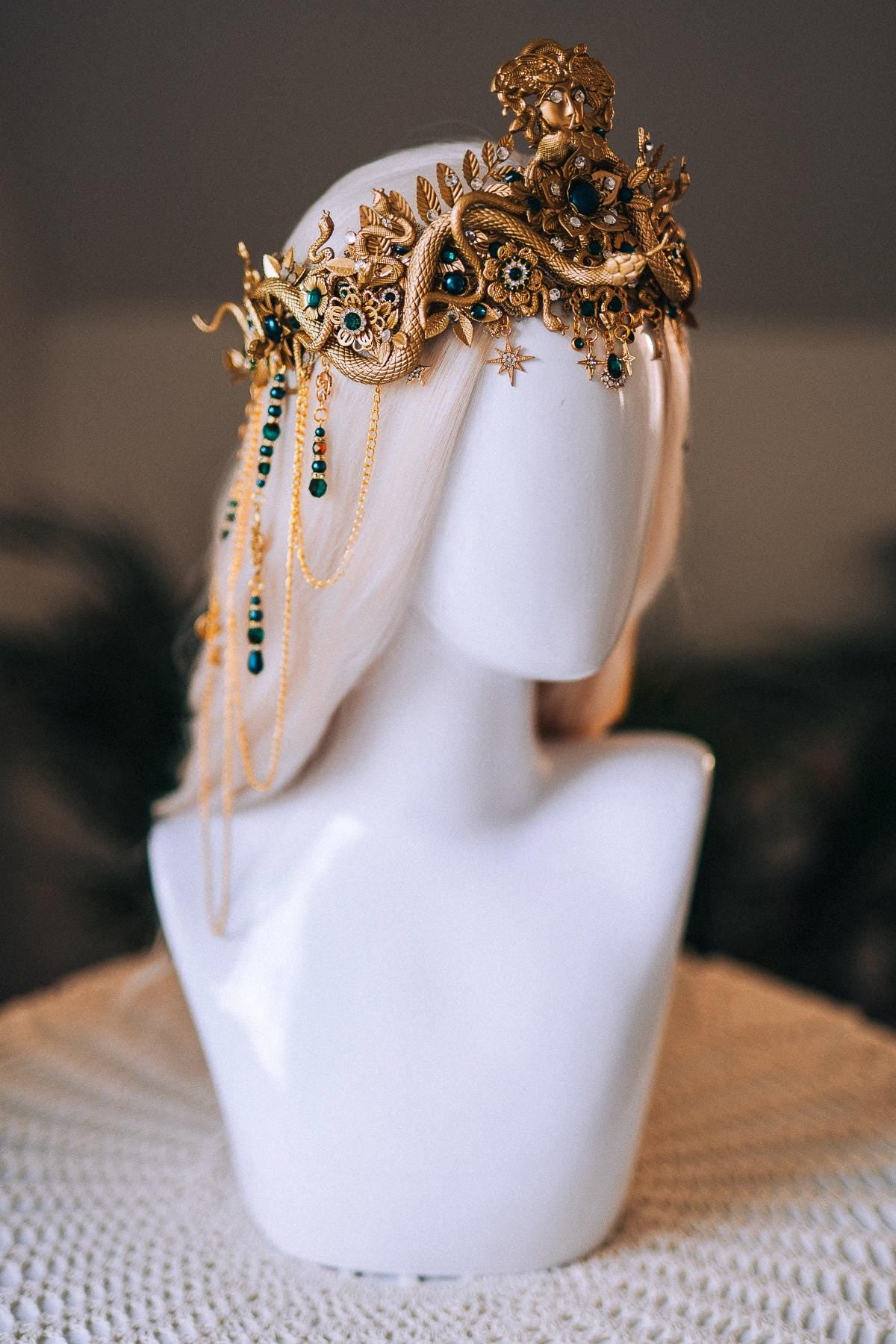 Medusa Serpent Goddess Crown Gold Emerald Snake Headdress Fantasy Mythology Headpiece