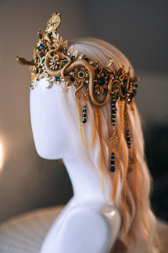 Medusa Serpent Goddess Crown Gold Emerald Snake Headdress Fantasy Mythology Headpiece