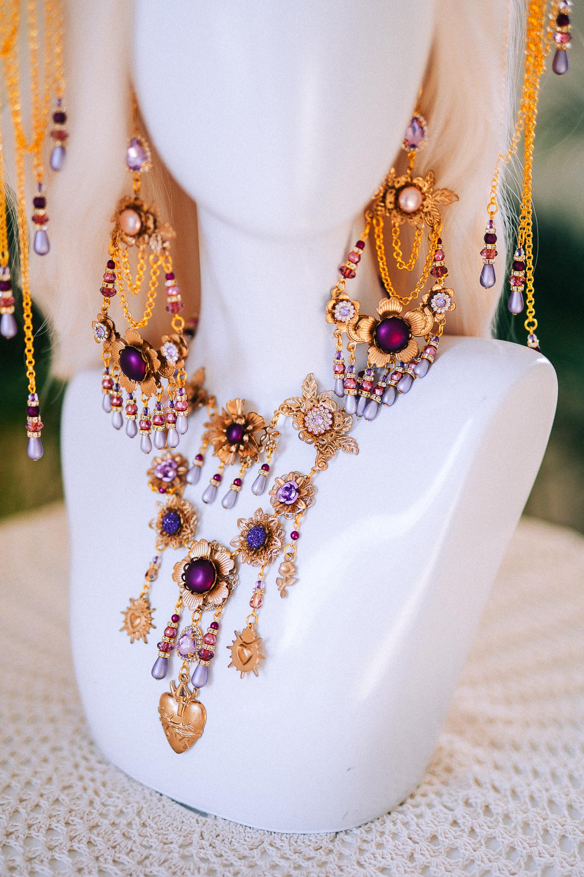 La Catrina Gold Halo Crown Purple Flowers Lavender Pearls Halloween Costume Headpiece Day Of The Dead Skull Makeup Accessory