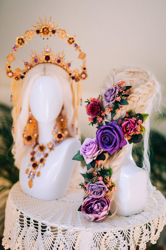 La Catrina Gold Halo Crown Purple Flowers Lavender Pearls Halloween Costume Headpiece Day Of The Dead Skull Makeup Accessory