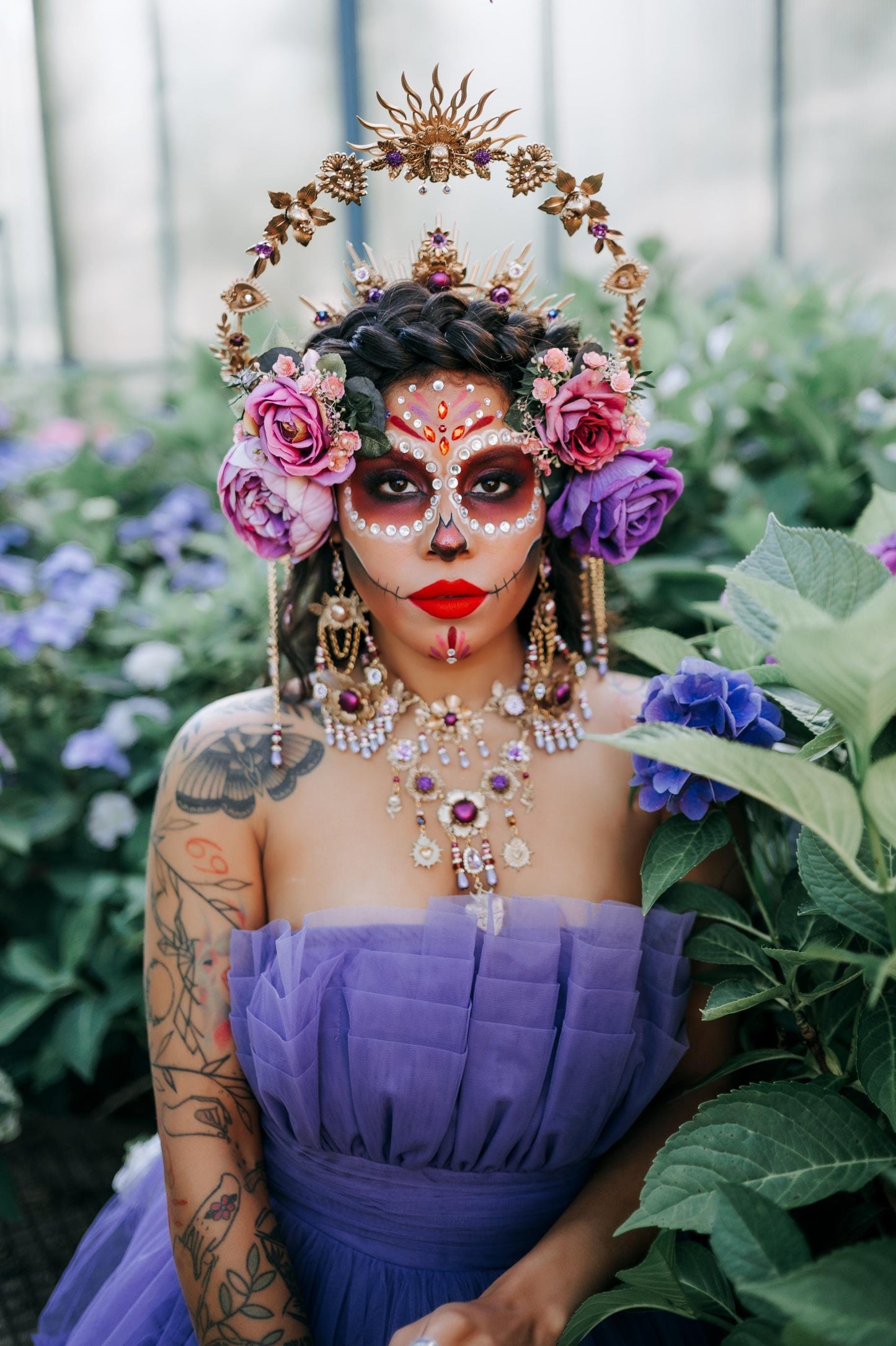 La Catrina Gold Necklace Purple Roses Lavender Pearls Gothic Jewelry Day Of The Dead Dia De Muertos Halloween Costume Accessory