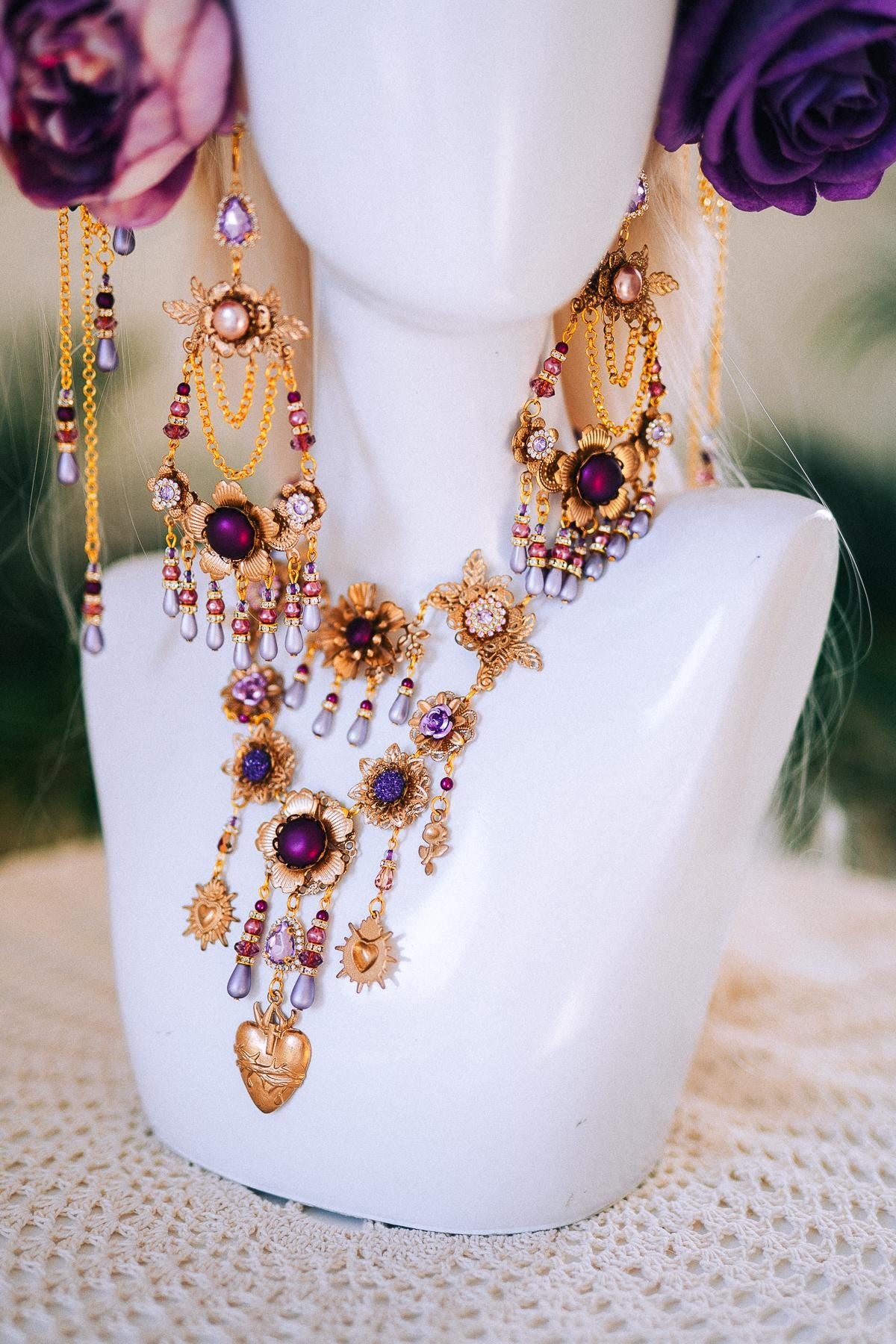 La Catrina Gold Necklace Purple Roses Lavender Pearls Gothic Jewelry Day Of The Dead Dia De Muertos Halloween Costume Accessory