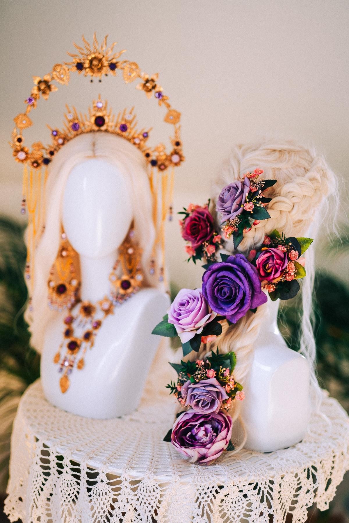 La Catrina Gold Necklace Purple Roses Lavender Pearls Gothic Jewelry Day Of The Dead Dia De Muertos Halloween Costume Accessory