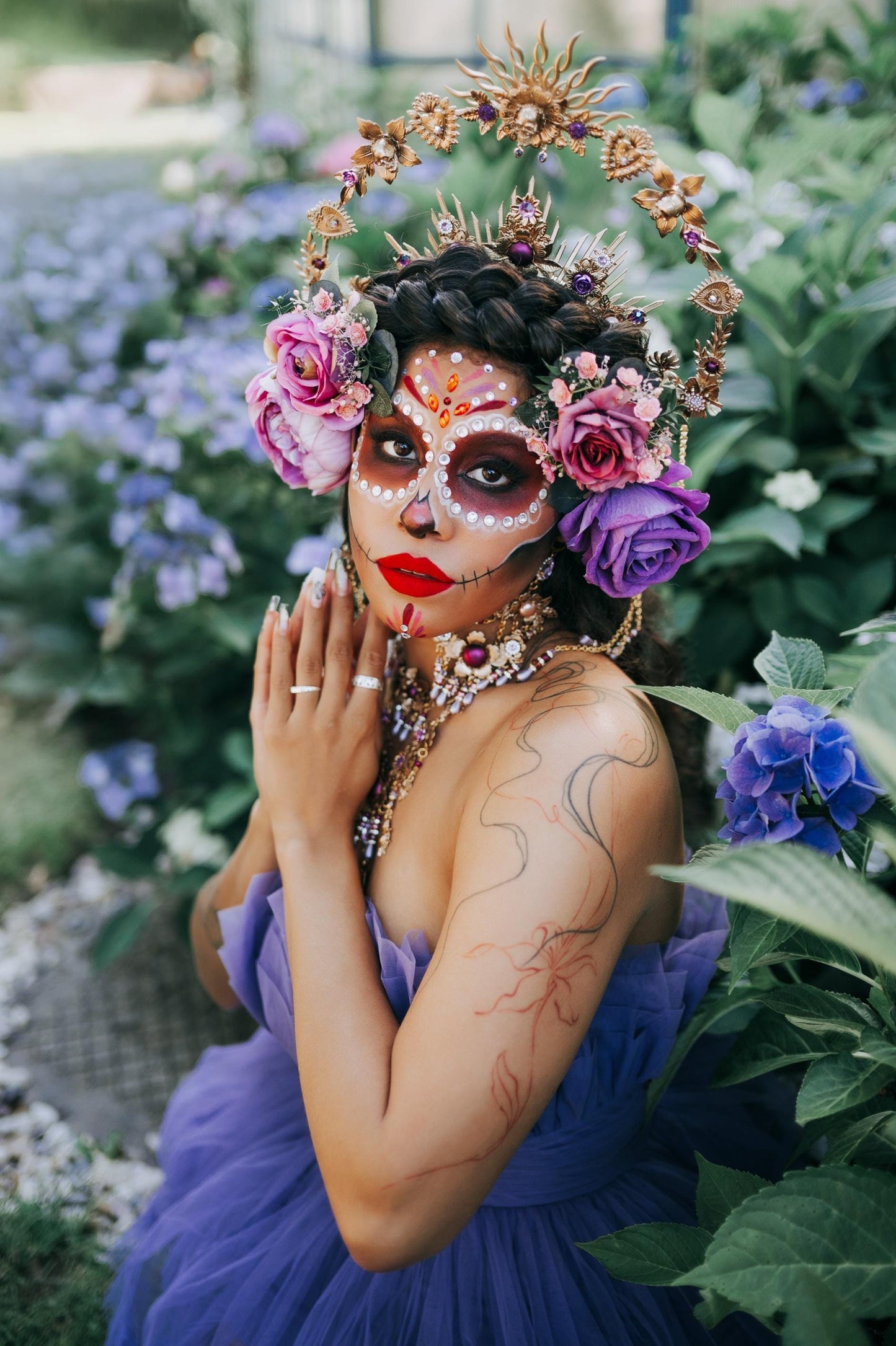 La Catrina Gold Earrings Purple Roses Lavender Pearls Gothic Jewelry Day Of The Dead Dia De Muertos Halloween Costume Accessory