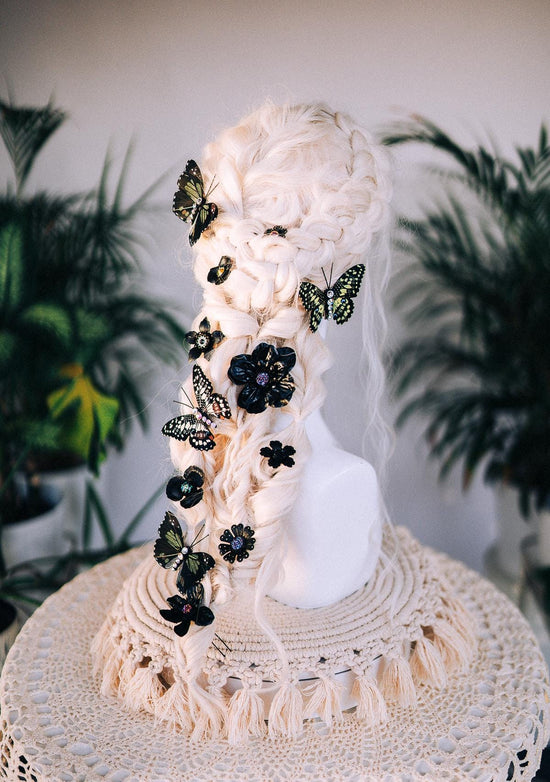 Boho black flower hair pins with butterflies