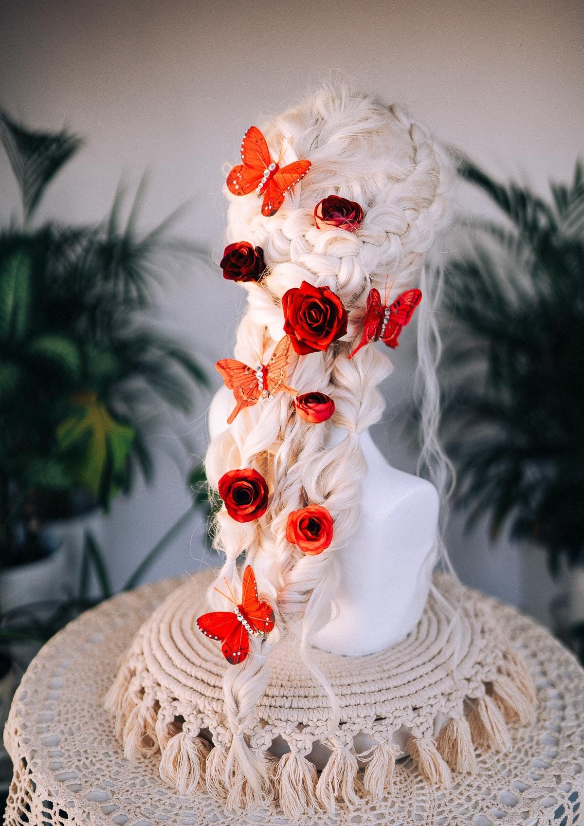 Red flower hair pins with butterflies