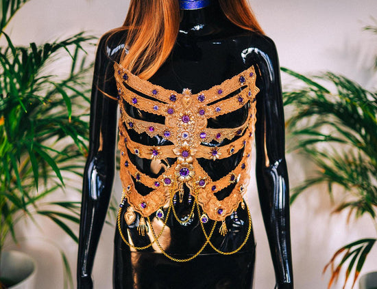 Golden Skeleton Ribs, La Catrina Costume, Gold Body Armor, Festival Corset, Skeleton Top, Purple Rhinestones, Dia De Muertos, Sugar Skull