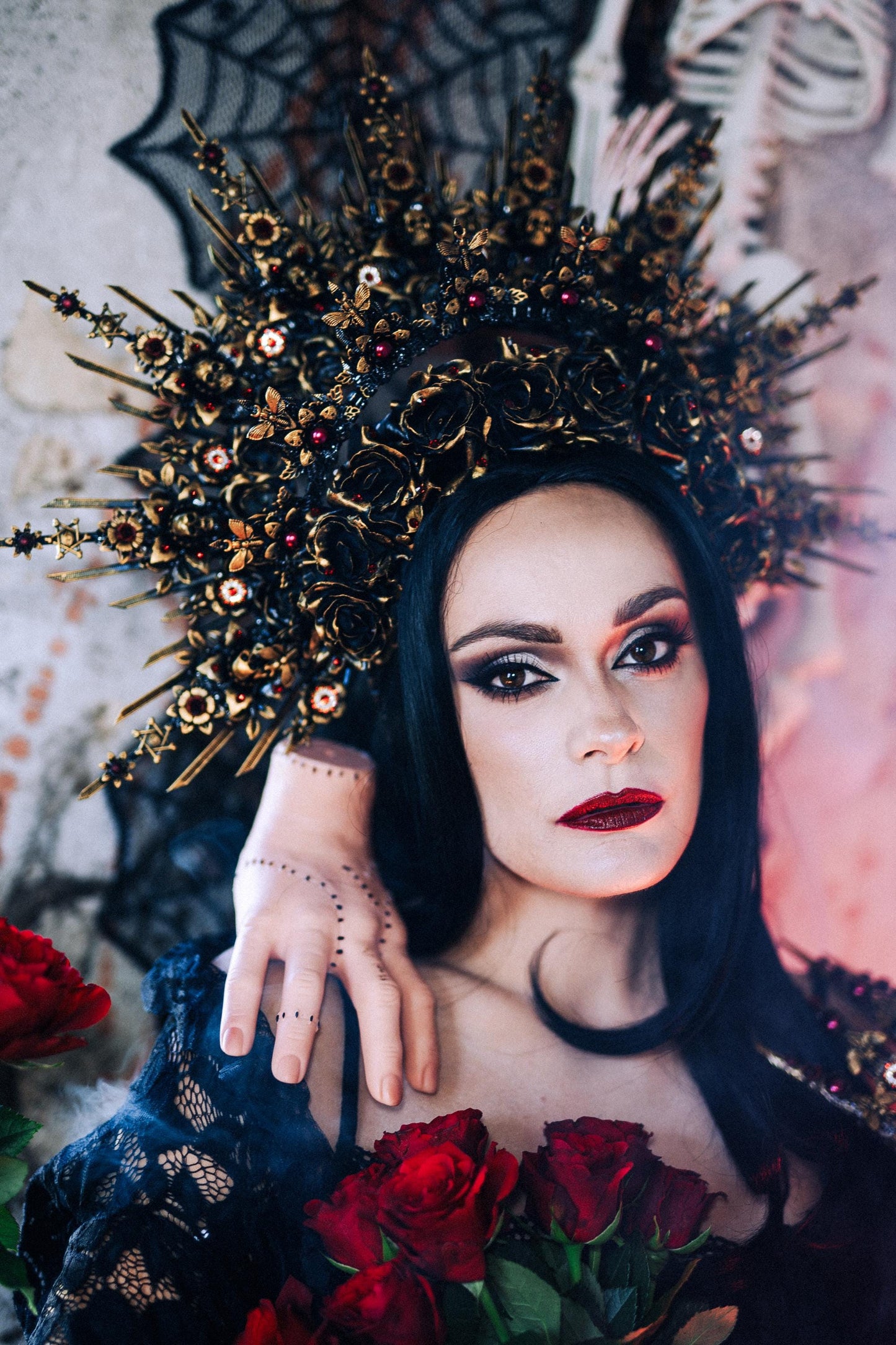 Gothic Morticia Addams Crown Black Red Gold Dark Queen Headpiece Halloween Costume Crown