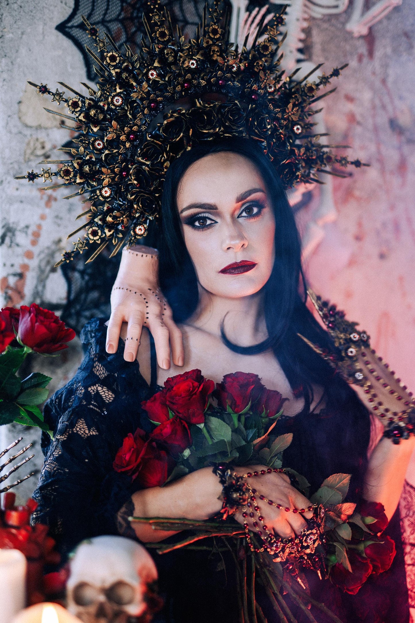 Gothic Morticia Addams Crown Black Red Gold Dark Queen Headpiece Halloween Costume