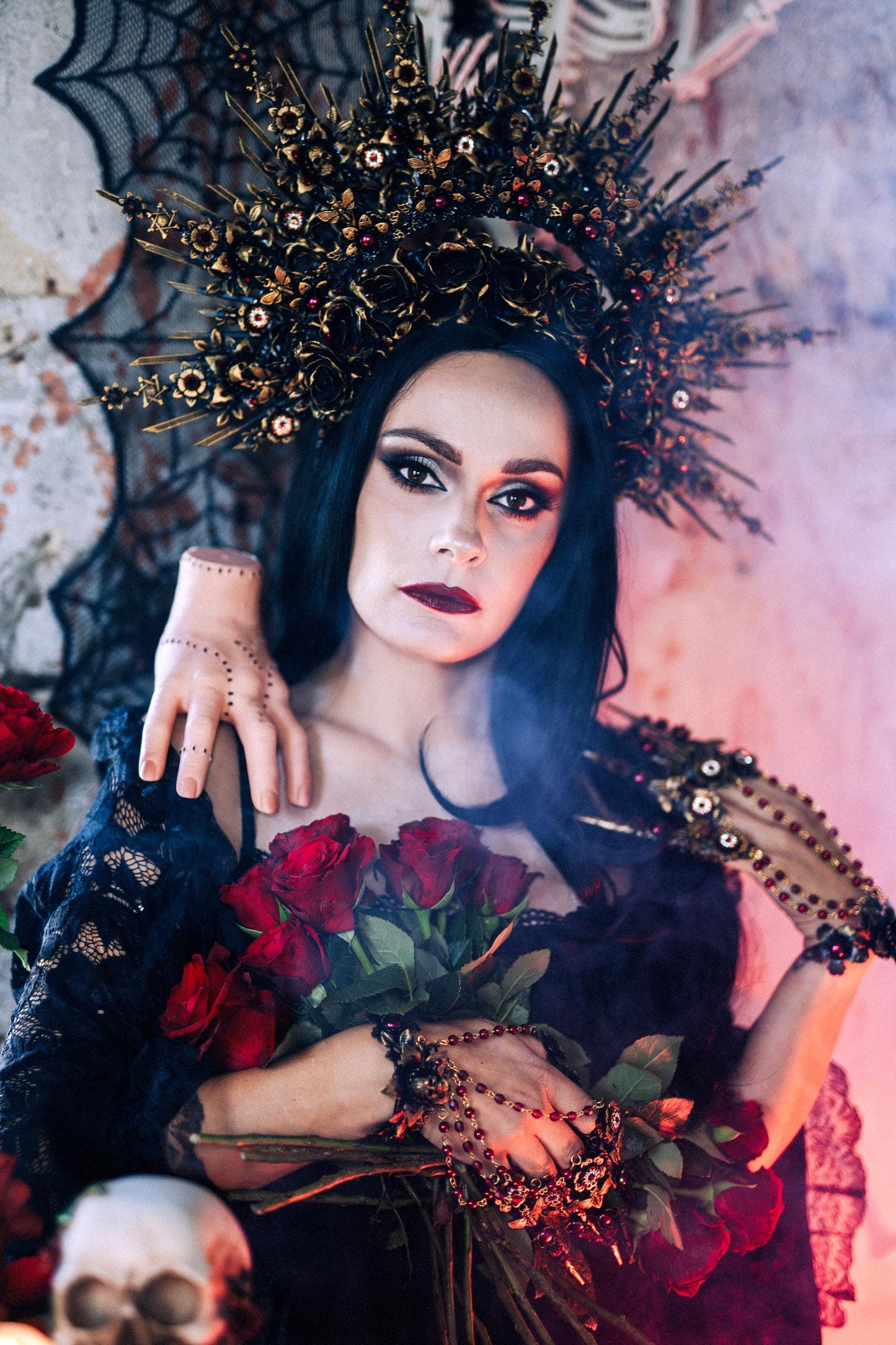 Gothic Morticia Addams Crown Black Red Gold Dark Queen Headpiece Halloween Costume Crown