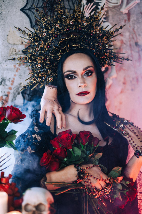 Gothic Morticia Addams Crown Black Red Gold Dark Queen Headpiece Halloween Costume Crown