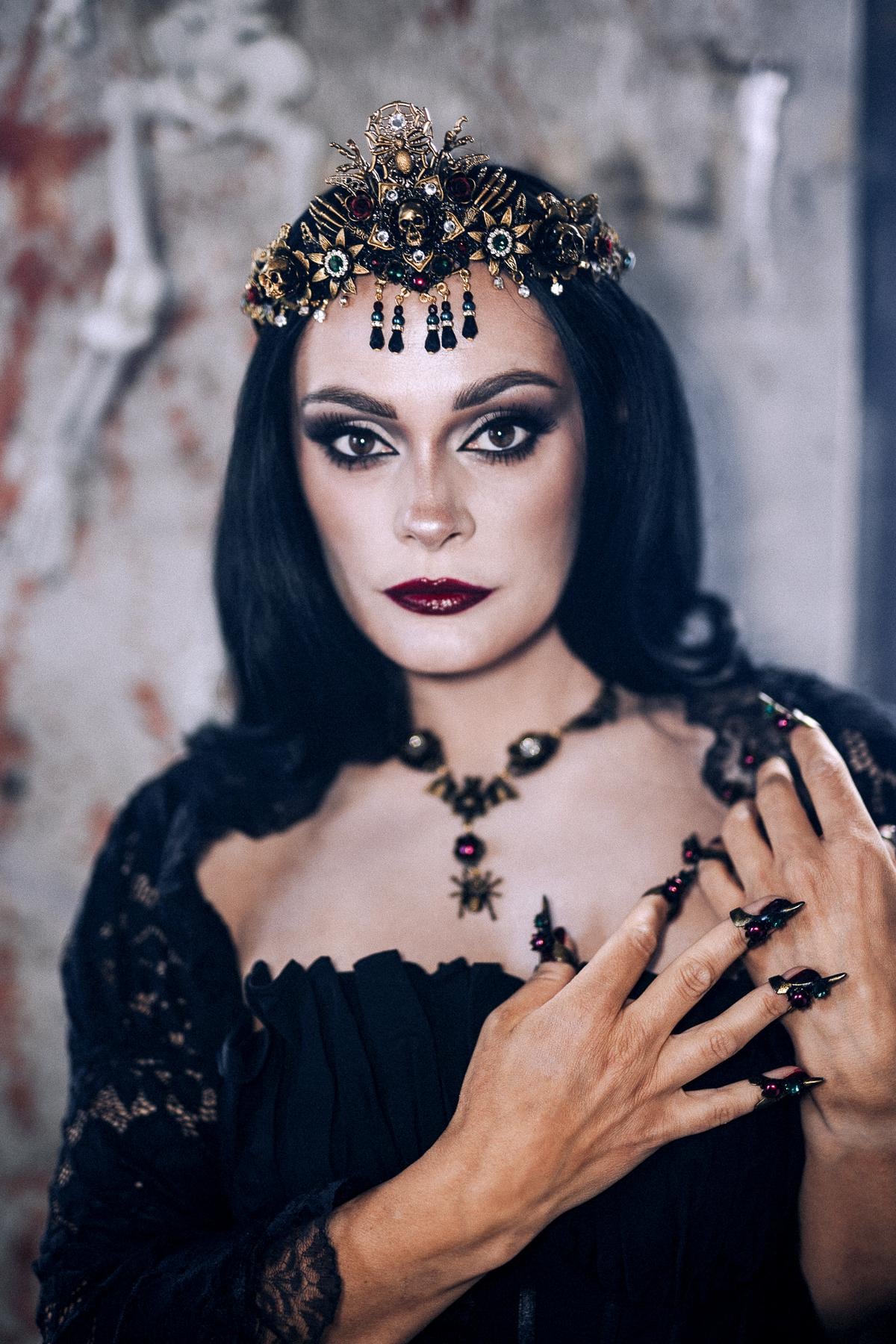 Gothic Morticia Addams Crown Black Gold Red Crystals Skulls Spider Dark Queen Headpiece