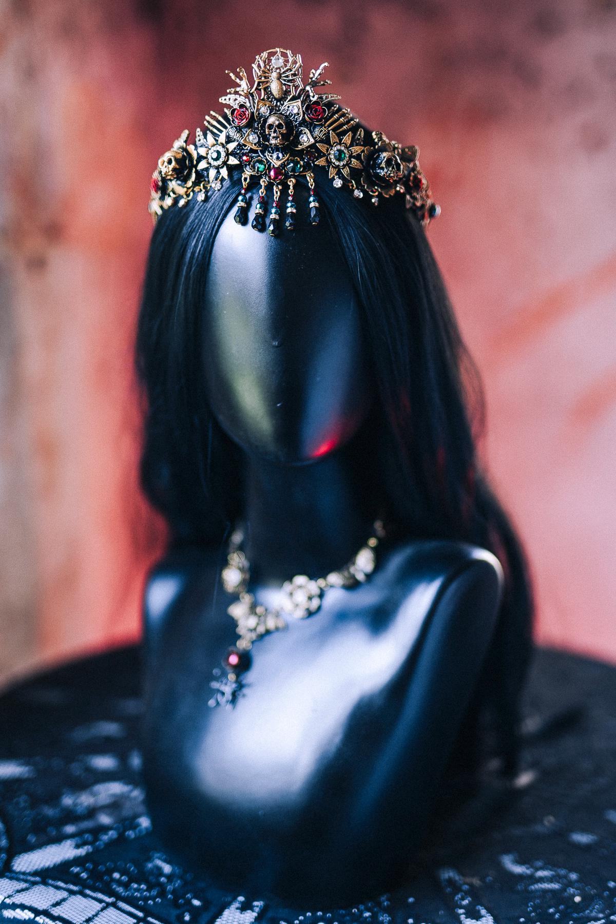 Gothic Morticia Addams Crown Black Gold Red Crystals Skulls Spider Dark Queen Headpiece