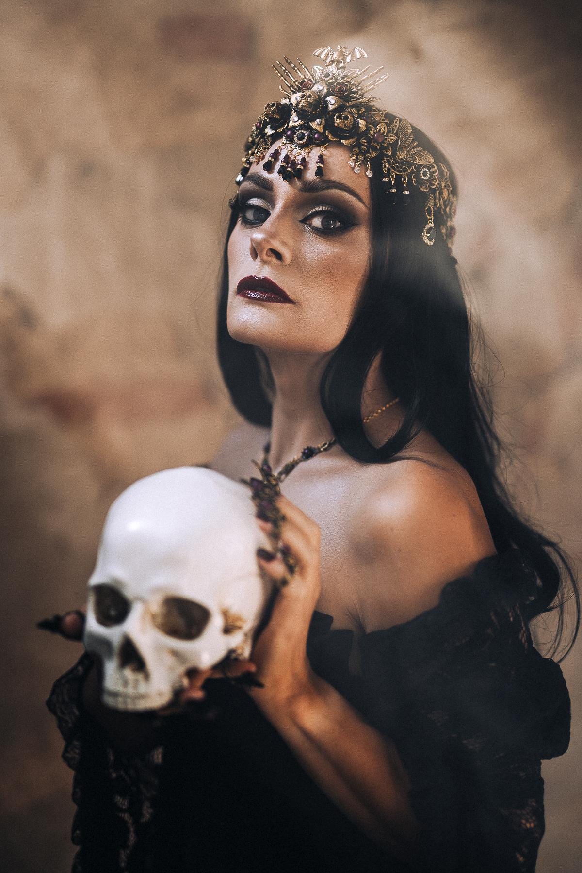 Morticia Addams Gothic Tiara With Skulls Spiders Roses And Red Crystals