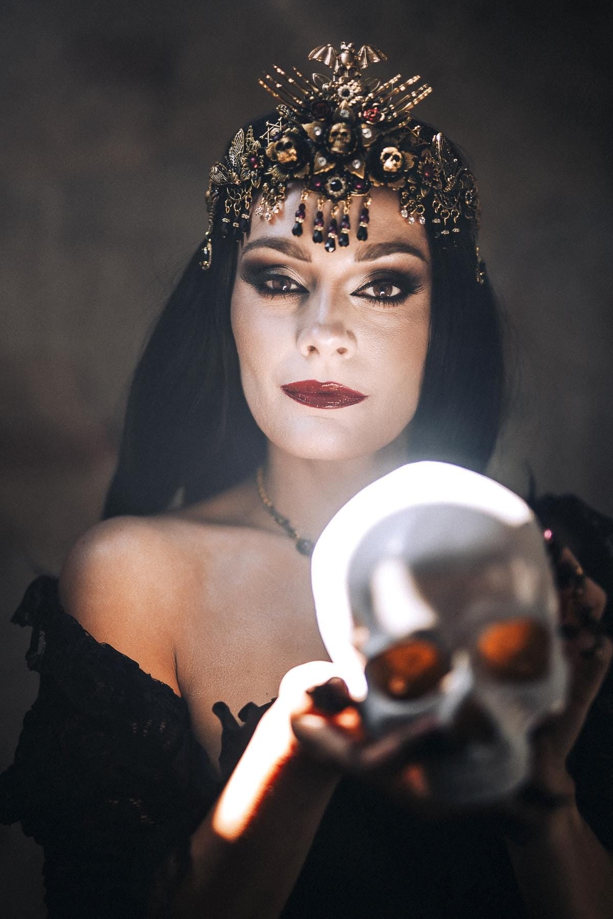 Morticia Addams Gothic Tiara With Skulls Spiders Roses And Red Crystals