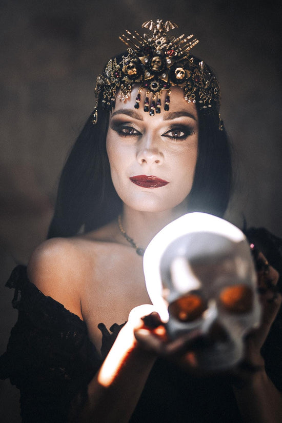 Morticia Addams Gothic Tiara With Skulls Spiders Roses And Red Crystals