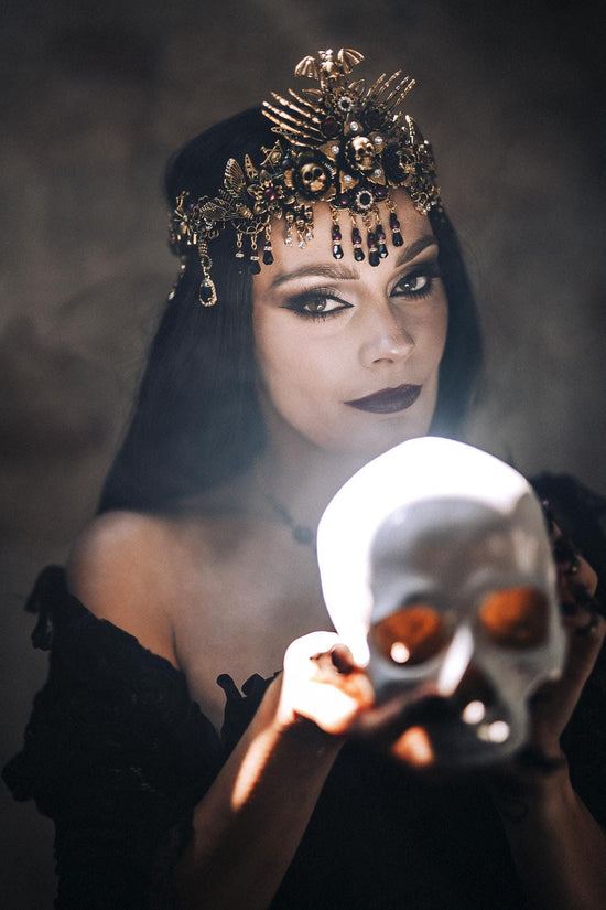 Morticia Addams Gothic Tiara With Skulls Spiders Roses And Red Crystals