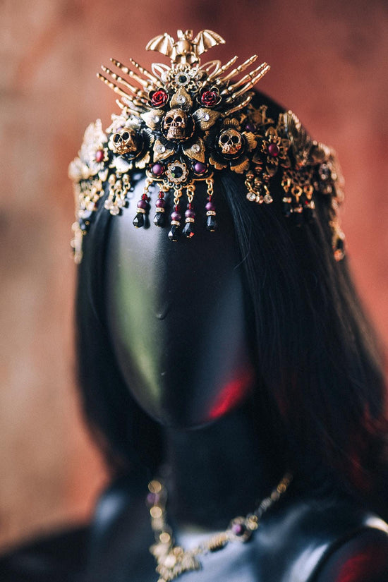 Morticia Addams Gothic Tiara With Skulls Spiders Roses And Red Crystals