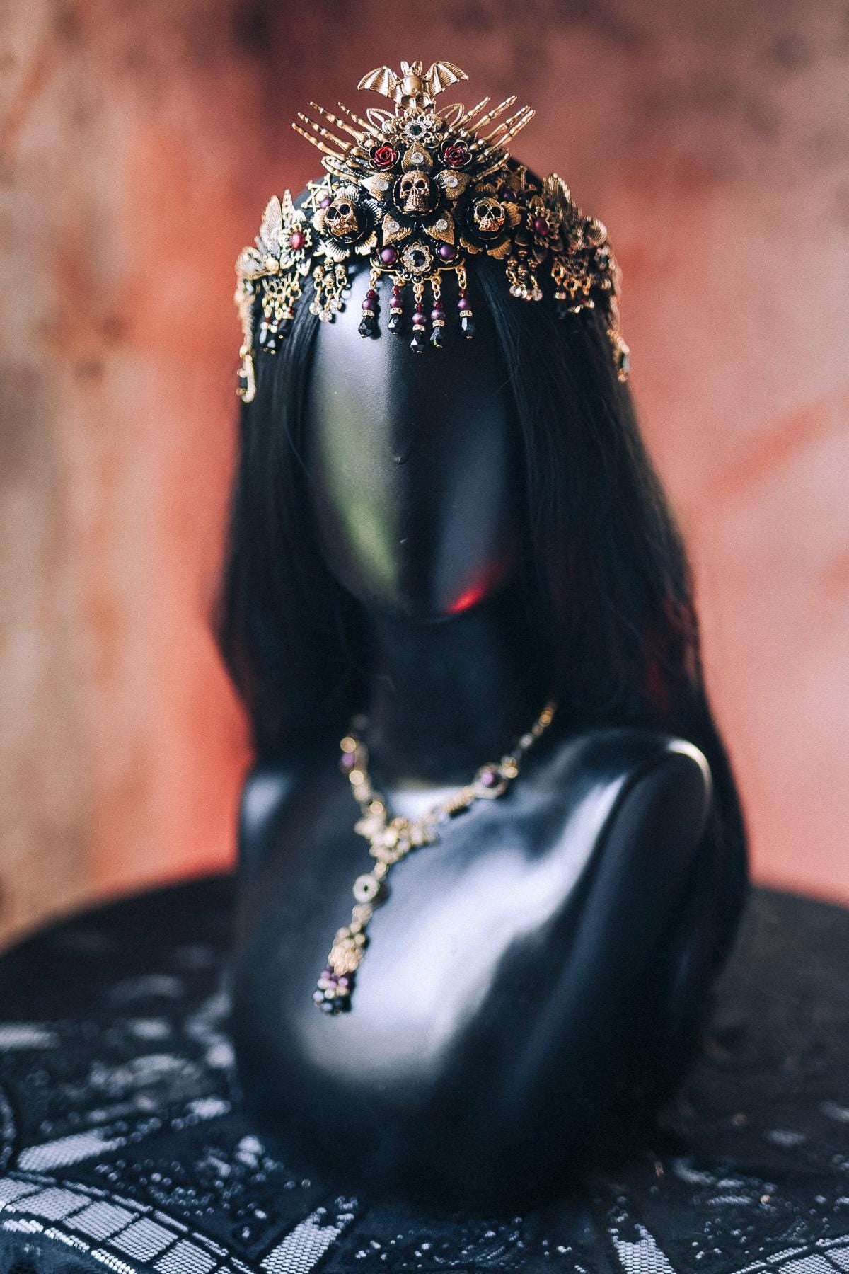 Morticia Addams Gothic Tiara With Skulls Spiders Roses And Red Crystals