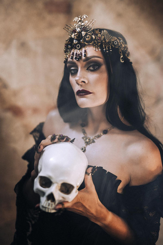 Morticia Addams Gothic Choker Necklace Black Gold Red Crystals Skull Spider Dark Queen Jewelry