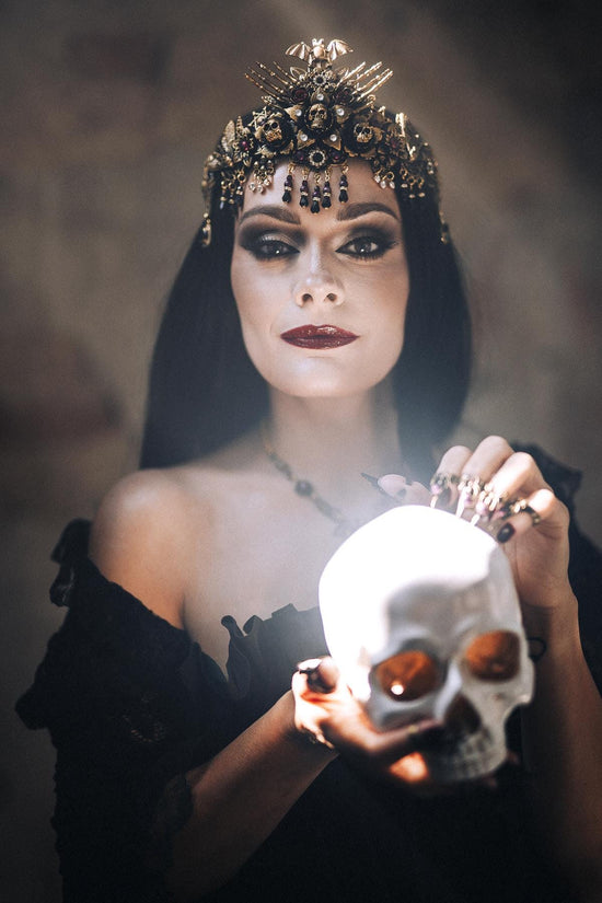 Morticia Addams Gothic Choker Necklace Black Gold Red Crystals Skull Spider Dark Queen Jewelry